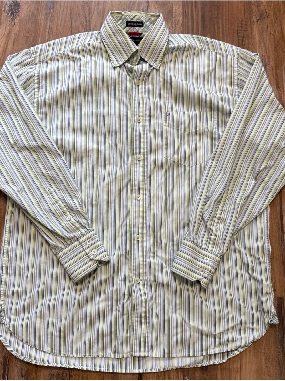Tommy Hilfiger Men's Green and Blue Striped Button-Down Shirt